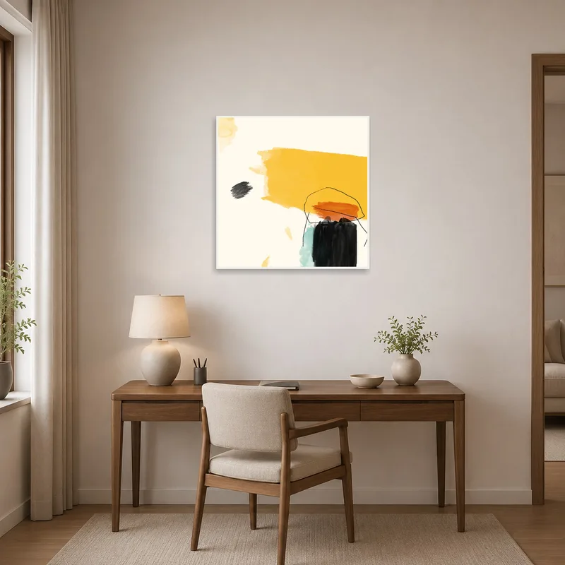 Home office energized by geometric watercolor composition.