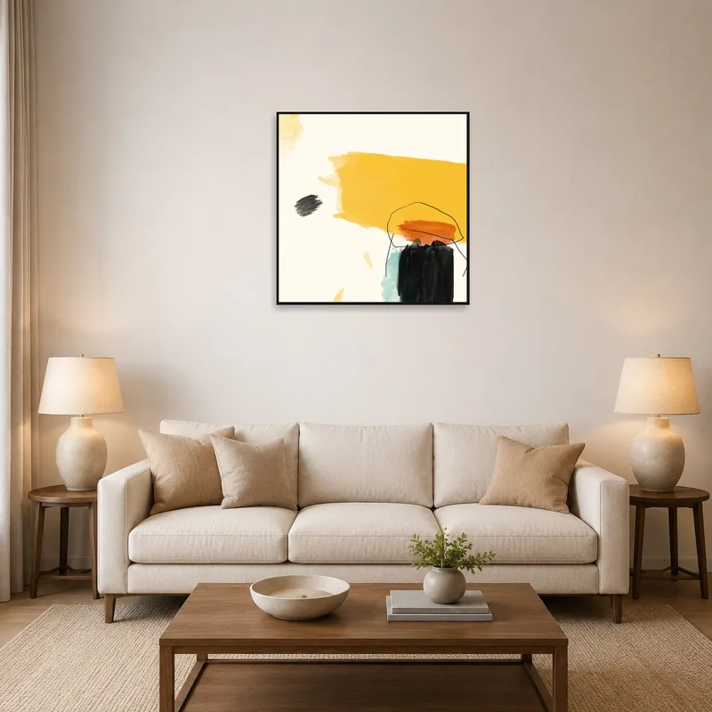 Colorful abstract geometric composition adorns living room wall.