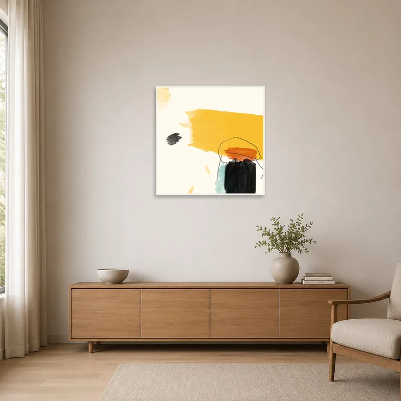 Minimalist room features bold abstract geometric piece.