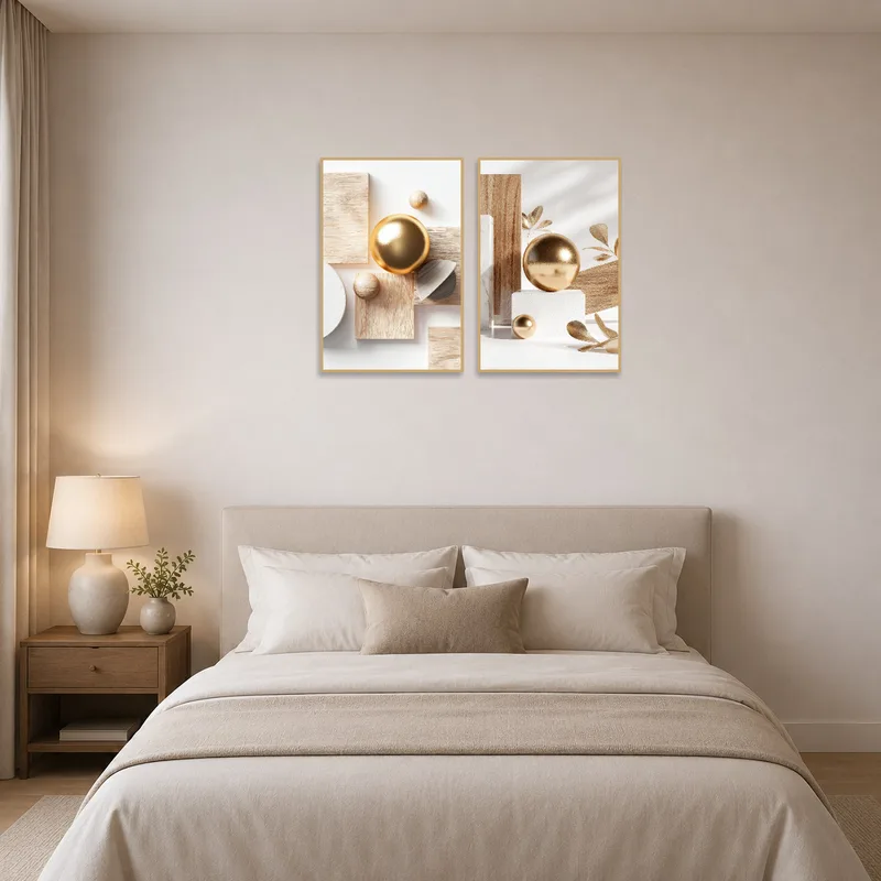 Elegant geometric art set with gold accents providing a calming touch to a serene bedroom.