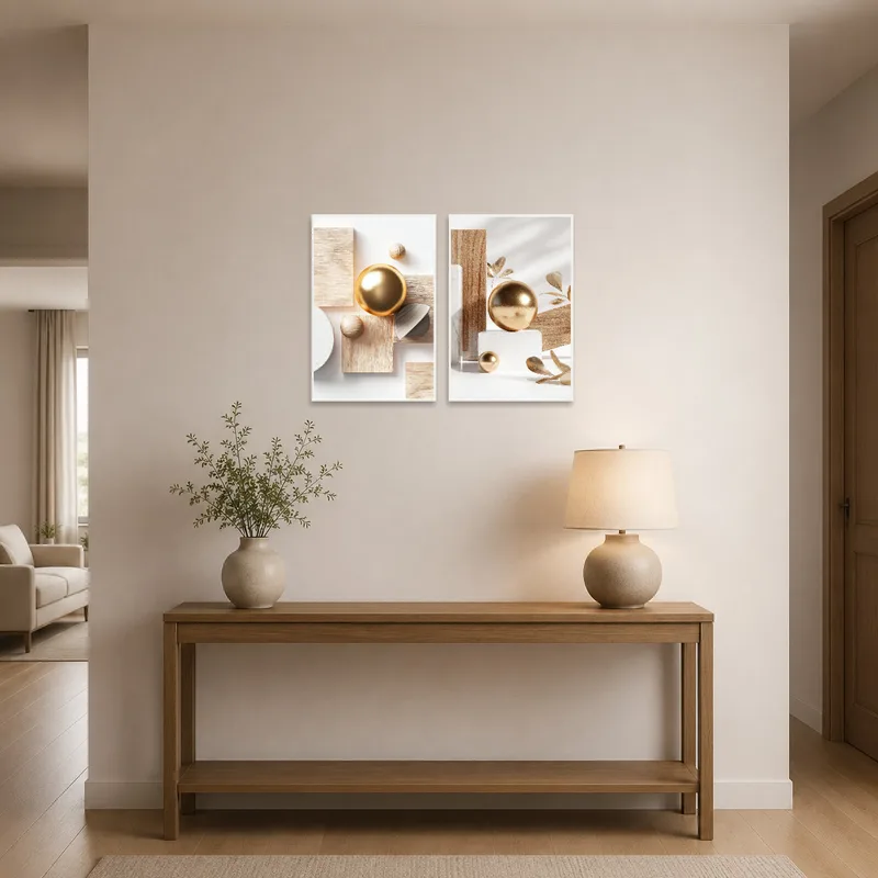 Striking geometric art set with gold accents welcoming visitors in a contemporary entrance hall.