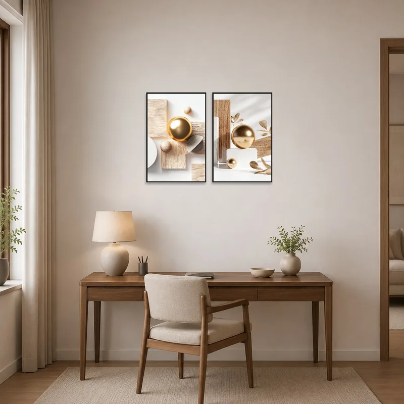 Abstract geometric art set with gold accents inspiring creativity in a sophisticated home office.