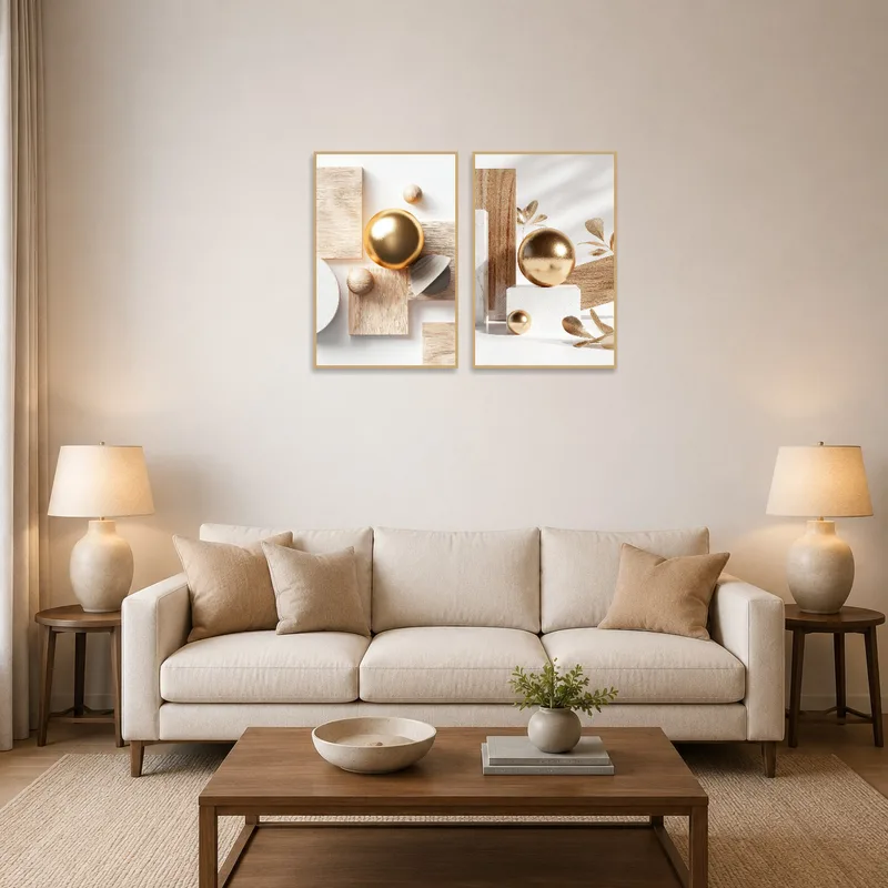 Modern geometric art set with gold accents on a living room wall, complementing a stylish seating area.