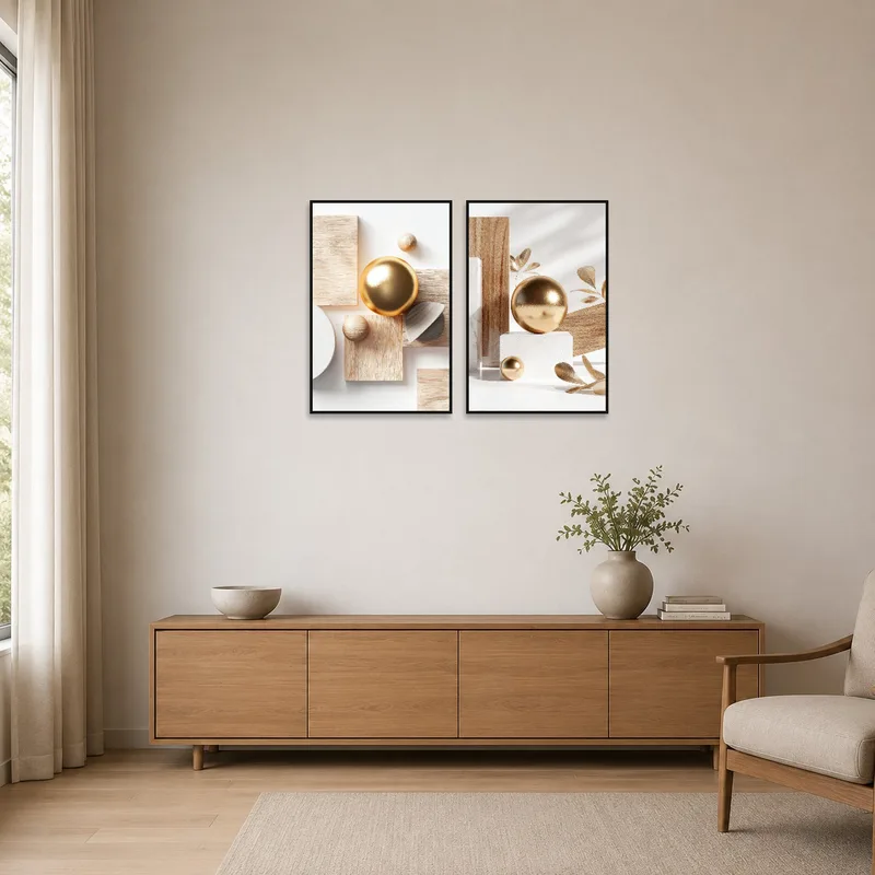 Abstract geometric art set with gold accents adding elegance to a minimalist space with clean lines.