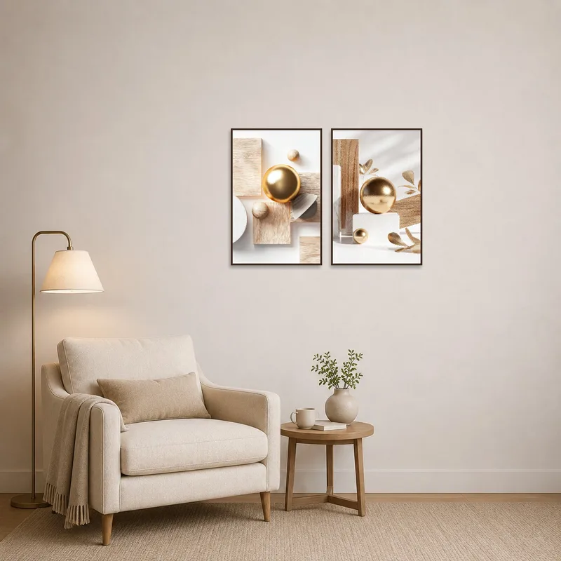Geometric art set with gold accents enhancing a cozy reading corner with a comfortable armchair.