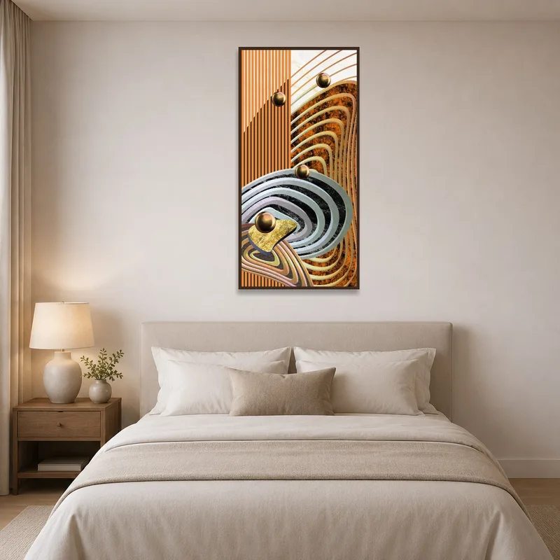 Earthy abstract geometric art adds warmth to a bedroom's wall.