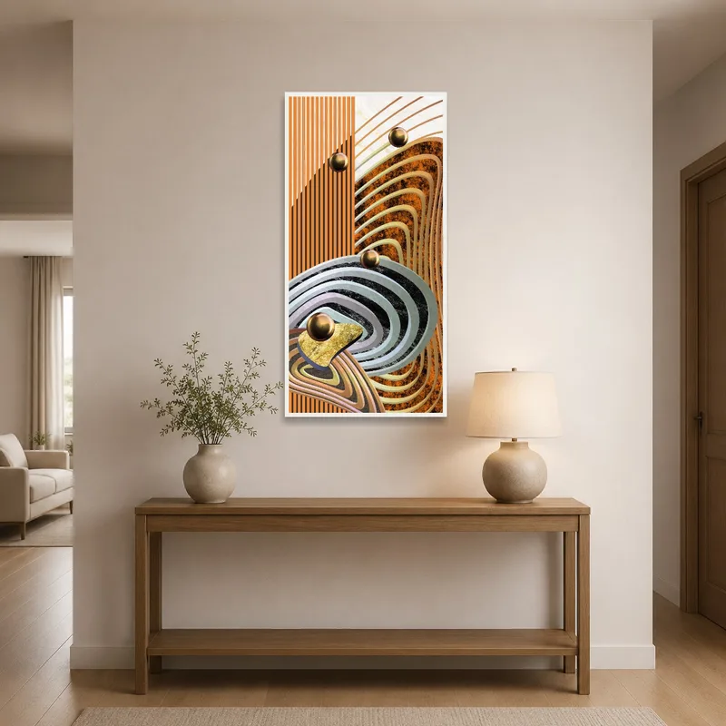 Artwork featuring geometric shapes in earthy hues enhances an entrance hall.