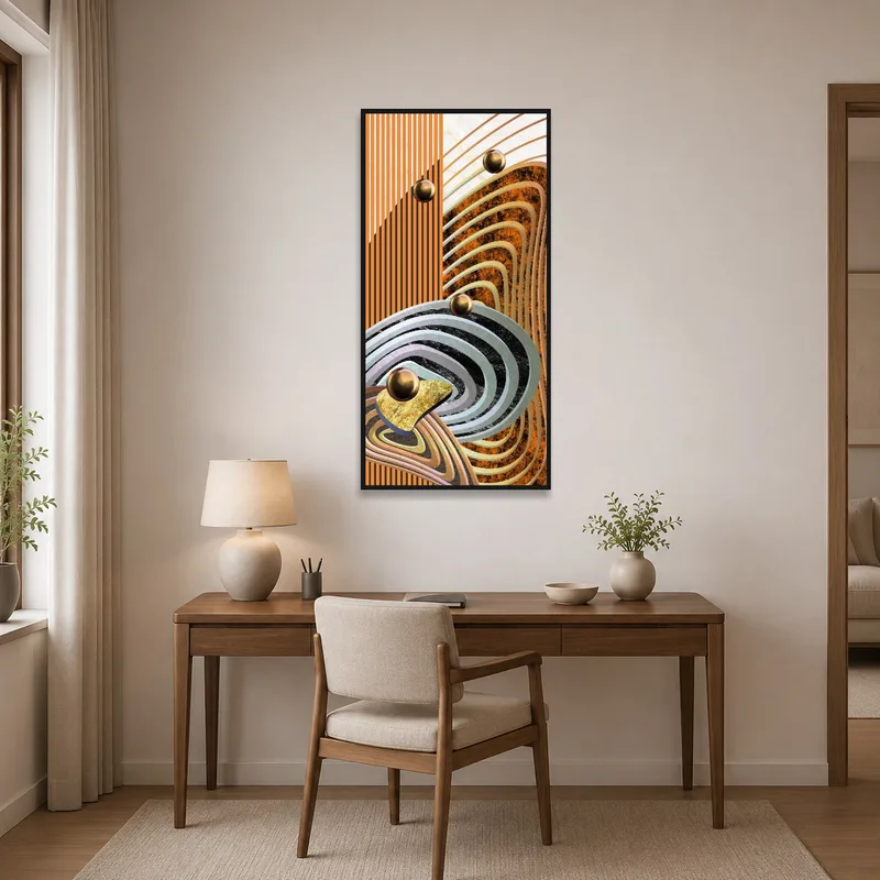 Geometric art with earthy colors elevates a home office setting.