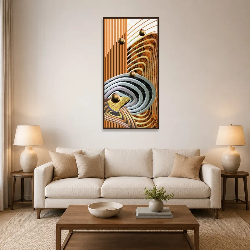 Geometric abstract art in earthy tones adorns a living room wall.