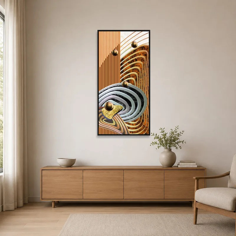 Earthy-toned geometric art complements a minimalist style room.