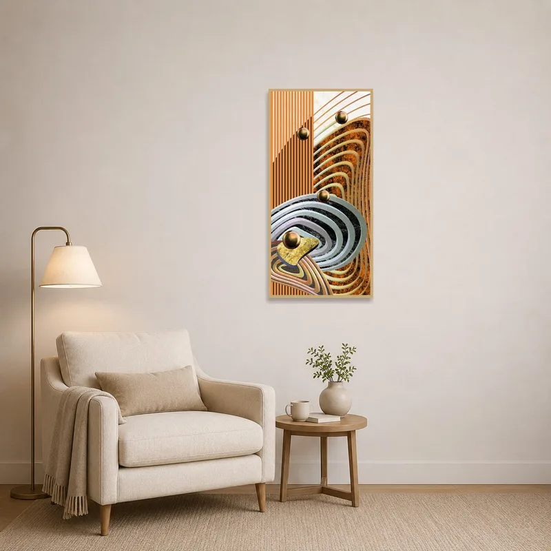 A reading corner features abstract geometric art with earthy tones.