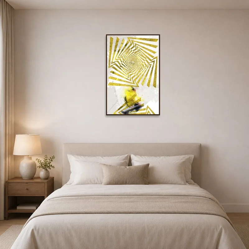 Abstract bird art print adding intrigue to a bedroom above the headboard.