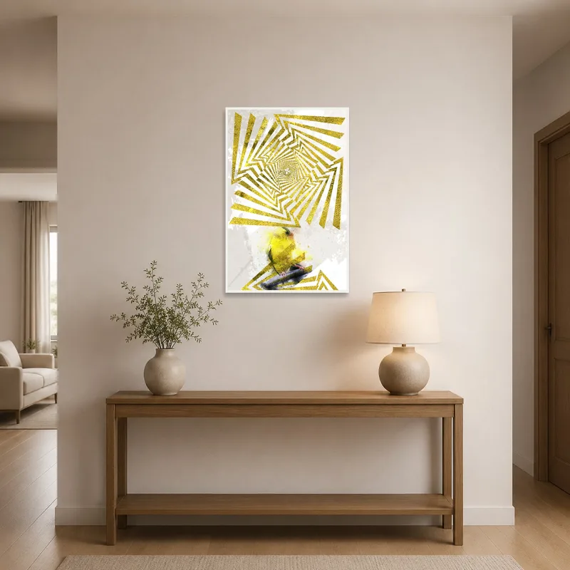 Striking art print of a geometric bird in an entrance hall welcoming guests.