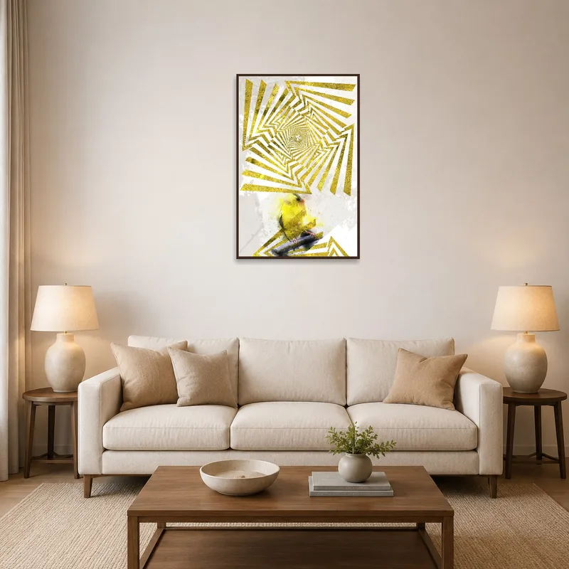 Abstract geometric bird art print on a living room wall above a modern sofa.