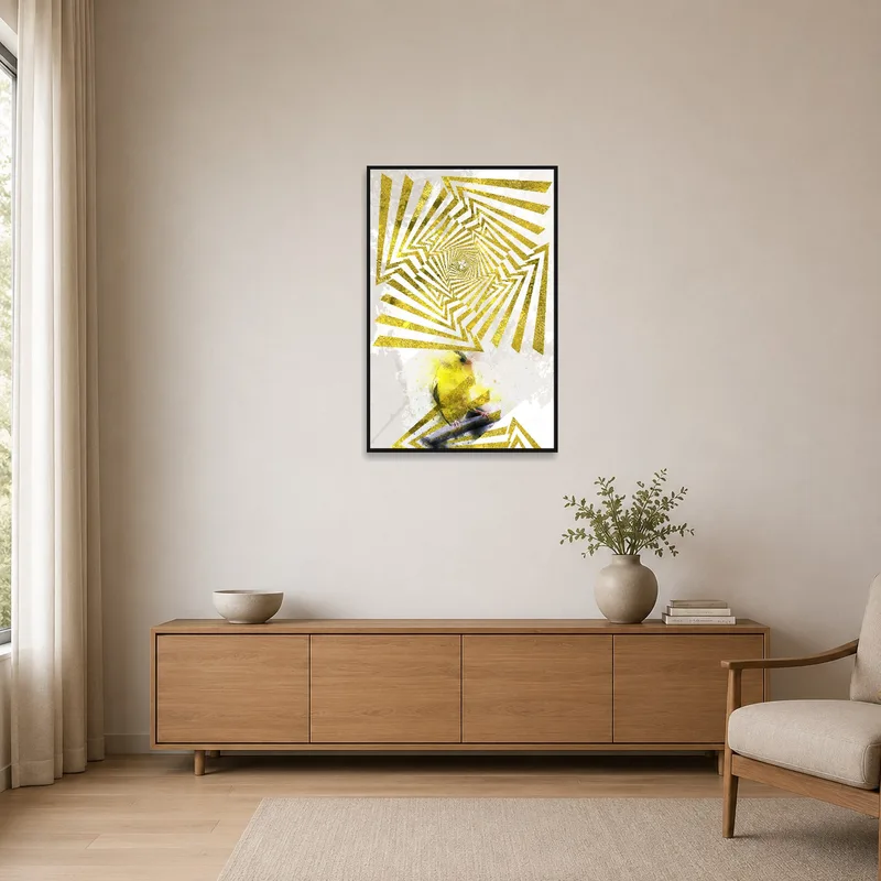 Abstract geometric bird art print highlighting a minimalist room's simplicity.