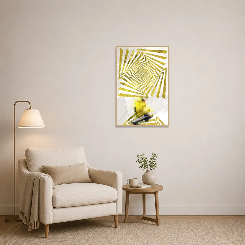 Geometric bird art print enhancing the cozy vibe of a reading corner.