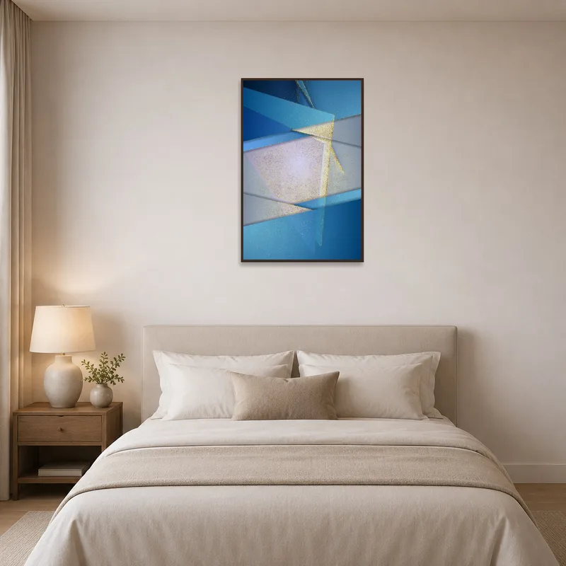 Serene geometric art in bedroom providing a calming touch.