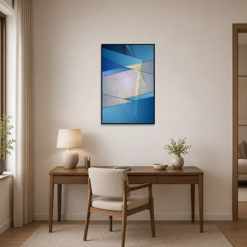Stylish blue and gold print adding sophistication to home office space.