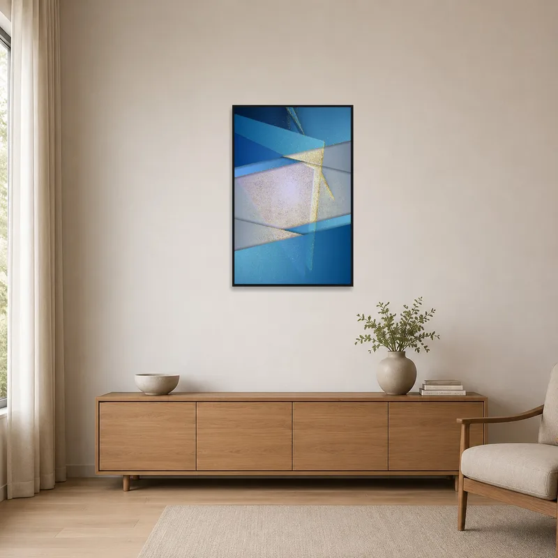 Sleek abstract print in minimalist room with clean lines and neutral colors.