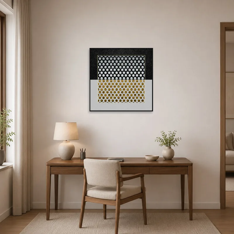 Home office with geometric circles in gold and silver on the wall near a desk and chair.