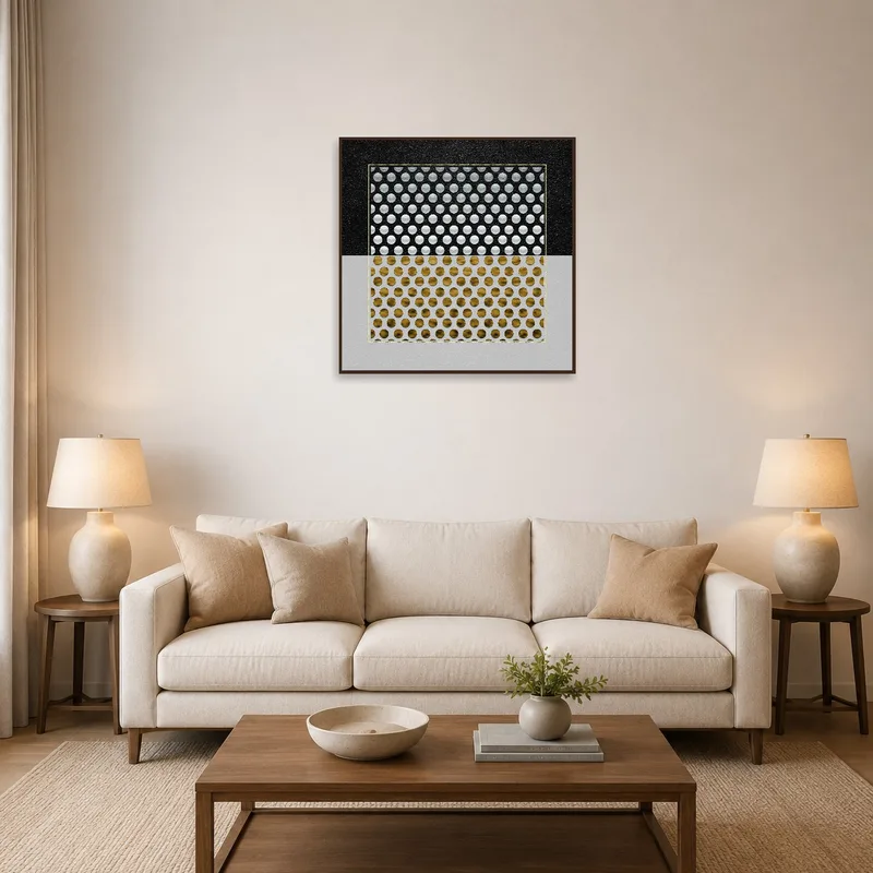 Abstract geometric circles art in gold and silver on a living room wall above a modern sofa.