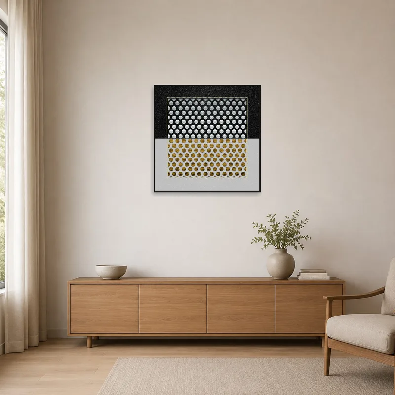 Minimalist room featuring gold and silver geometric circle art on a plain white wall.