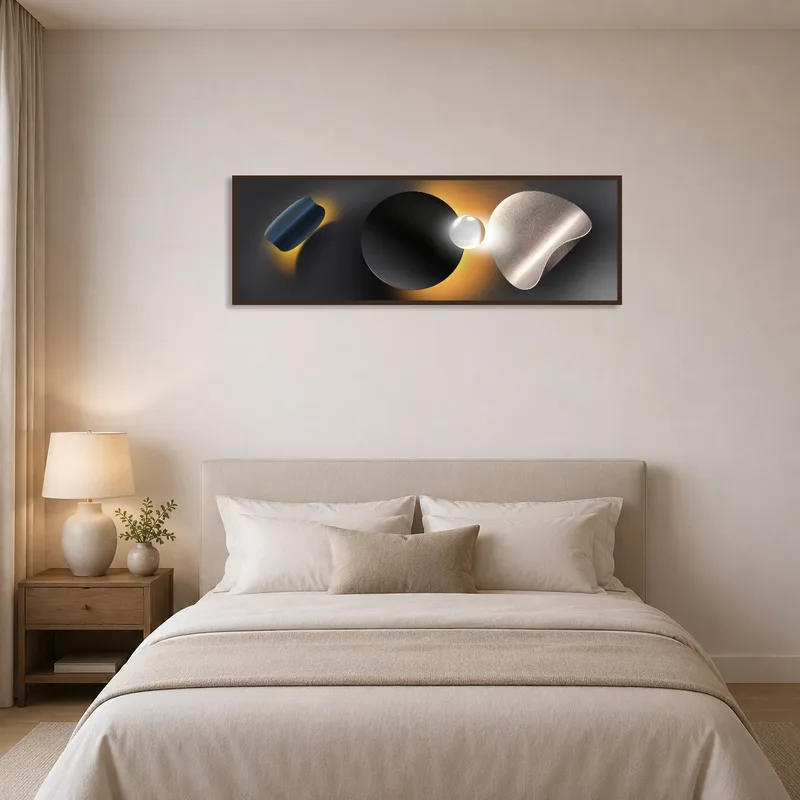 Bedroom wall adorned with geometric abstract art in warm tones.