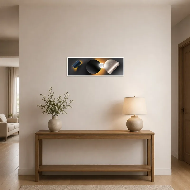 Abstract geometric art with warm tones welcoming guests in the entrance hall.