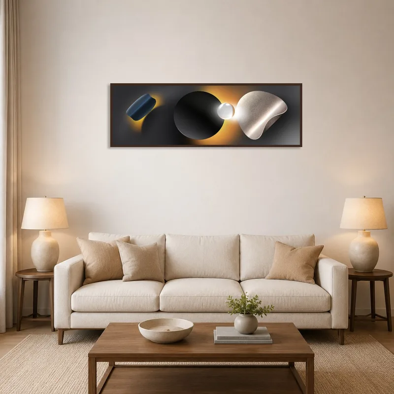 Abstract geometric art on living room wall with warm tones adds a modern touch.