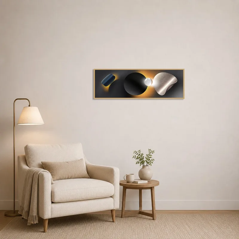 Warm-toned geometric art enhances the cozy ambiance of a reading corner.