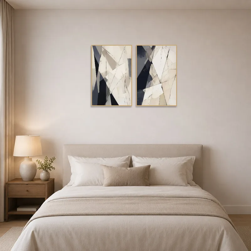 Bedroom accentuated with abstract geometric art on wall.