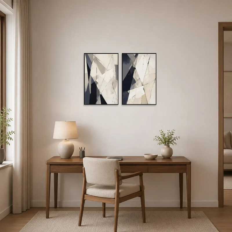 Home office energized by abstract geometric art set.
