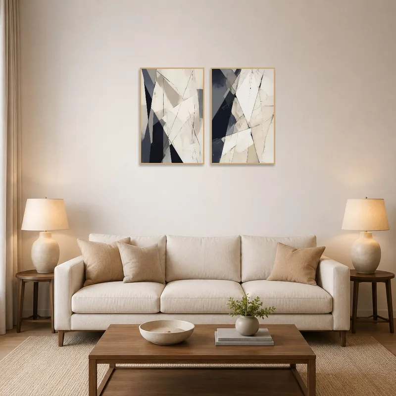 Abstract geometric artwork set hung in a modern living room.