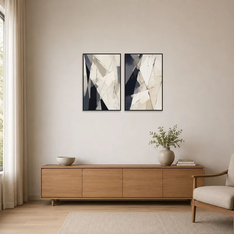 Minimalist room with geometric composition art on a white wall.