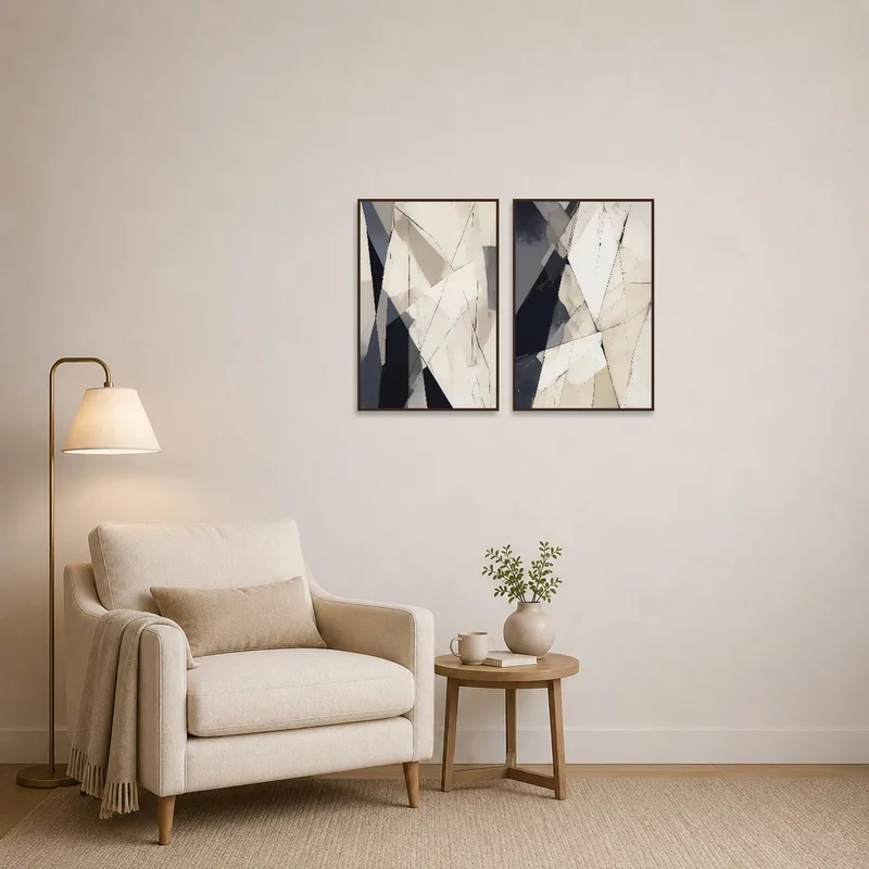 Reading corner with vibrant geometric composition art.