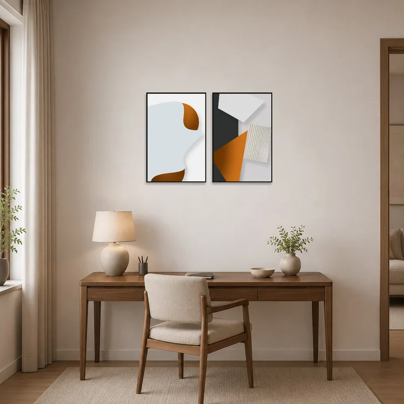 Geometric wall art set enhancing the vibe of a contemporary home office.