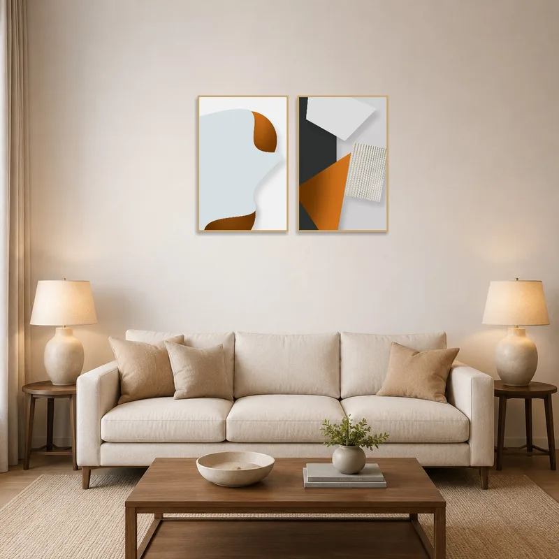 A modern abstract geometric art set on the living room wall above a sleek sofa.