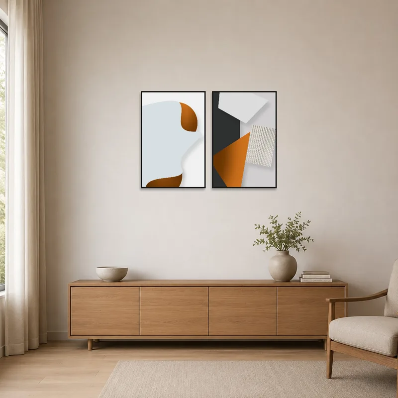 Minimalist scene with an abstract geometric art set on a plain white wall.
