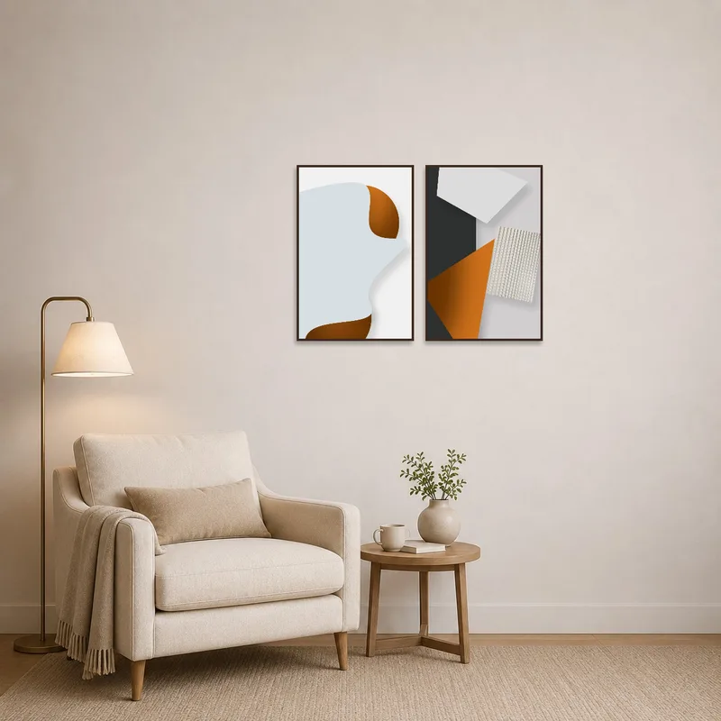Abstract geometric art set adorning the wall in a cozy reading corner.