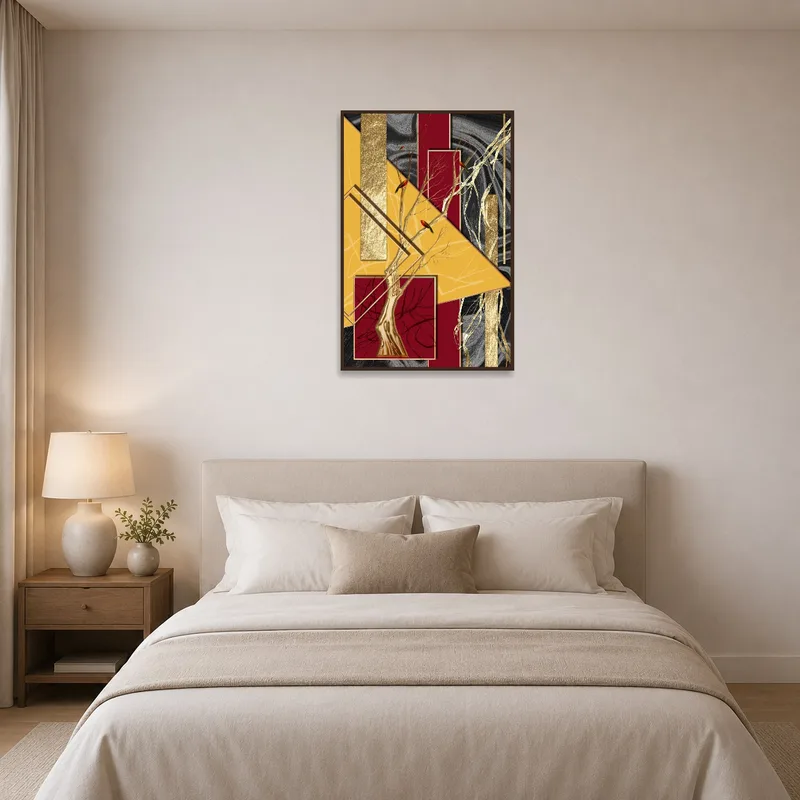 Geometric bird artwork bringing a serene feel to a bedroom wall above the bed.