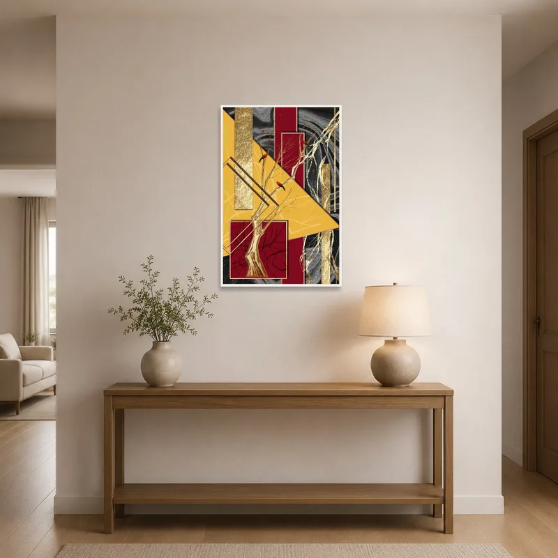 Eye-catching geometric bird art welcoming guests in the entrance hall.