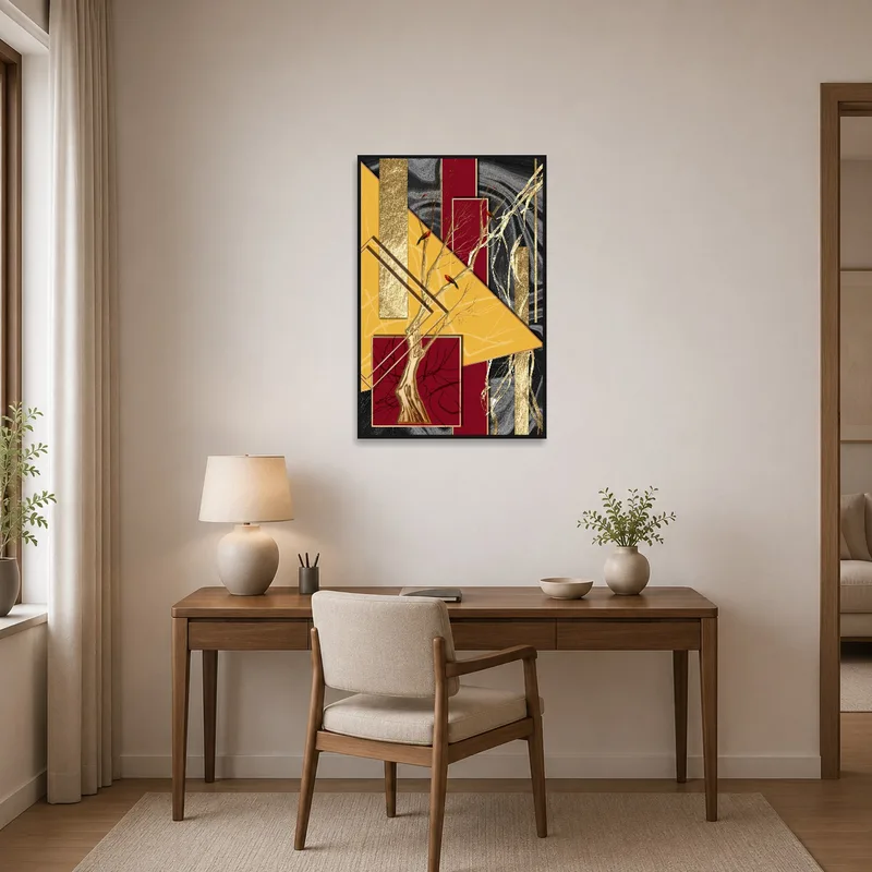 Creative energy infused by abstract geometric birds on a home office wall.