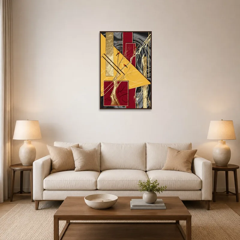 Artwork with geometric shapes and birds on a living room wall over a modern sofa.