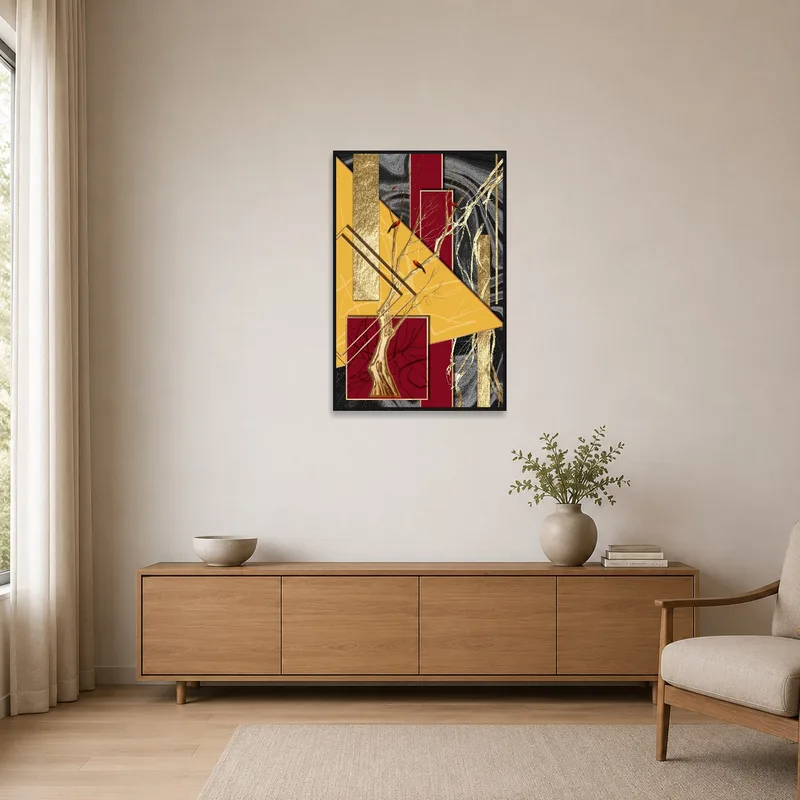 Geometric and bird-themed piece adding intrigue to a minimalist space with clean lines.