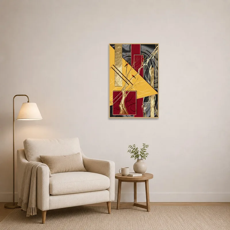 Abstract composition with birds adding character to a cozy reading corner.