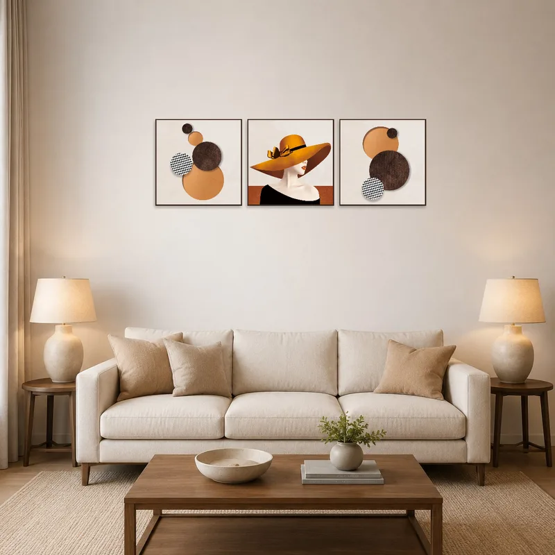 A retro triptych with hats and geometric shapes adds charm above a cozy living room sofa.