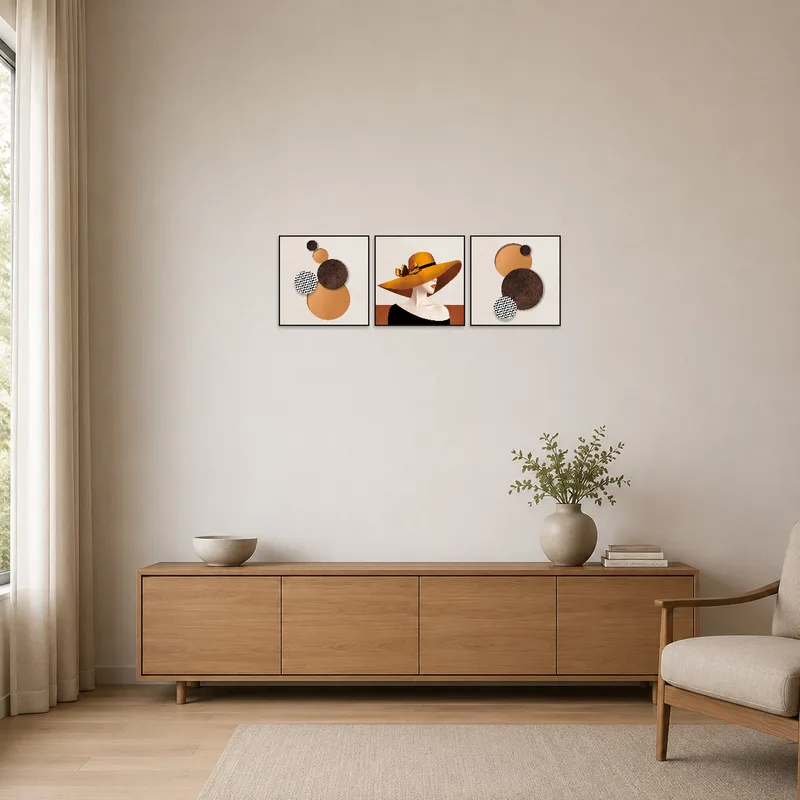 Retro triptych featuring hats and geometric motifs provides a focal point on a minimalist wall.