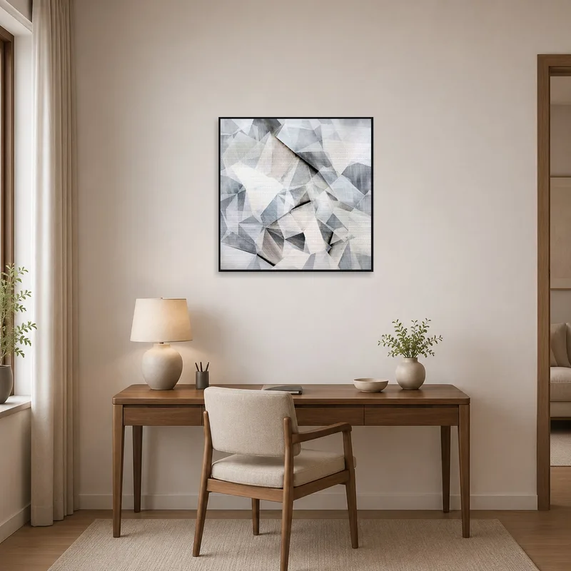 Home office displaying abstract geometric crystal art for inspiration.