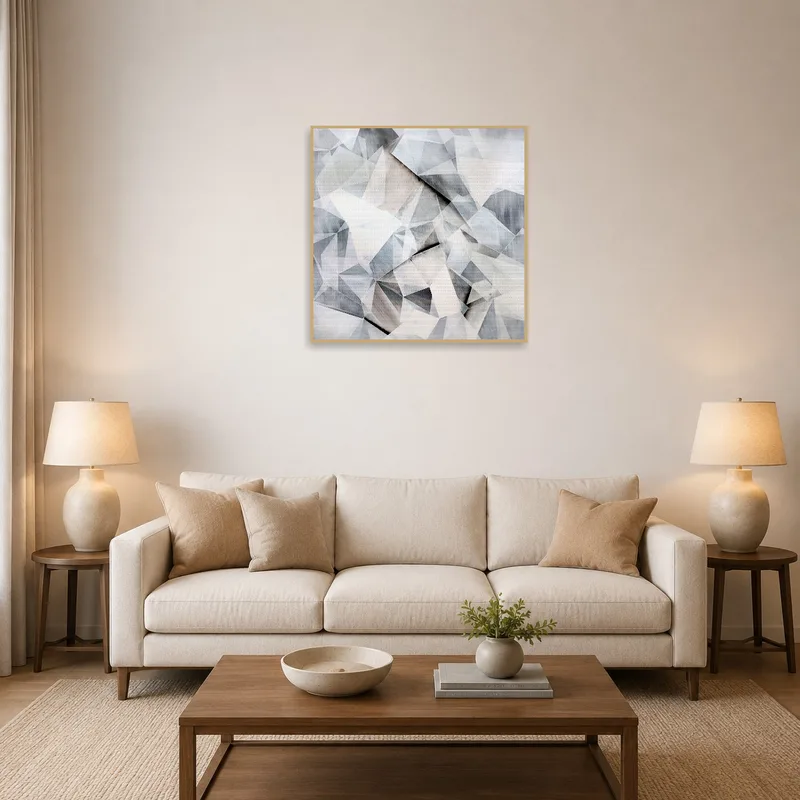 Abstract geometric crystal art on living room wall with cozy seating.