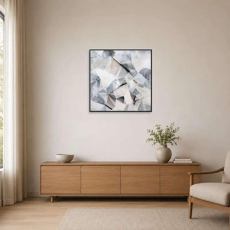 Minimalist room showcasing abstract geometric crystal art piece.